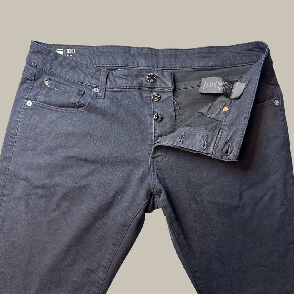 G-Star Raw Jeans Mens 36x32 3301 Slim Black Denim 51001-8970-082 Button Fly